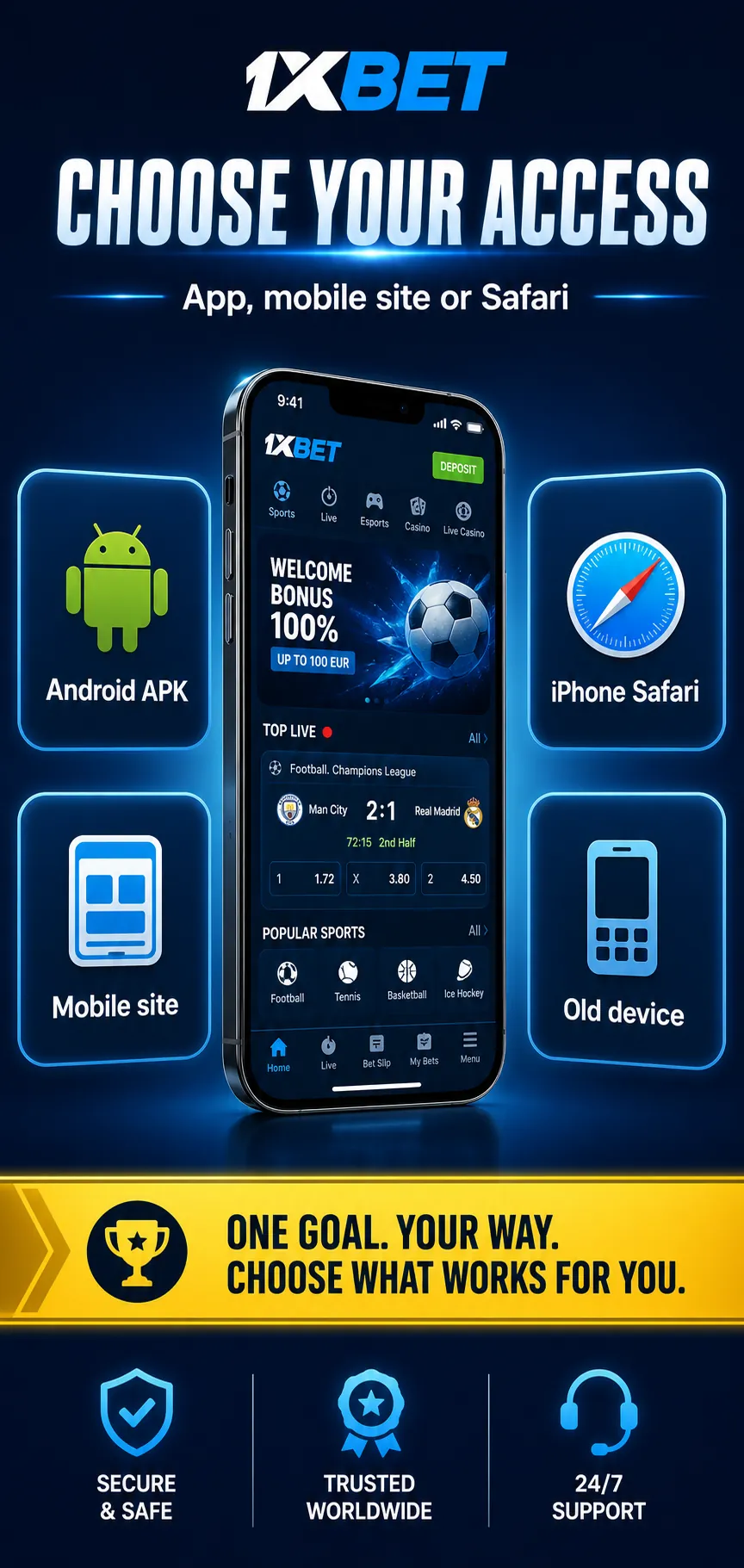 Choosing between 1xBet APK Android, iPhone Safari and mobile site