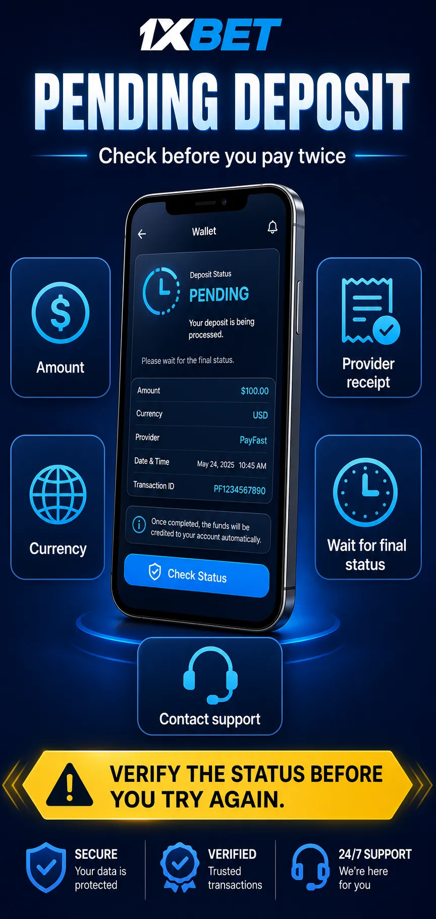 1xBet pending deposit infographic with operator receipt, transaction number, final status, support and the risk of double payment