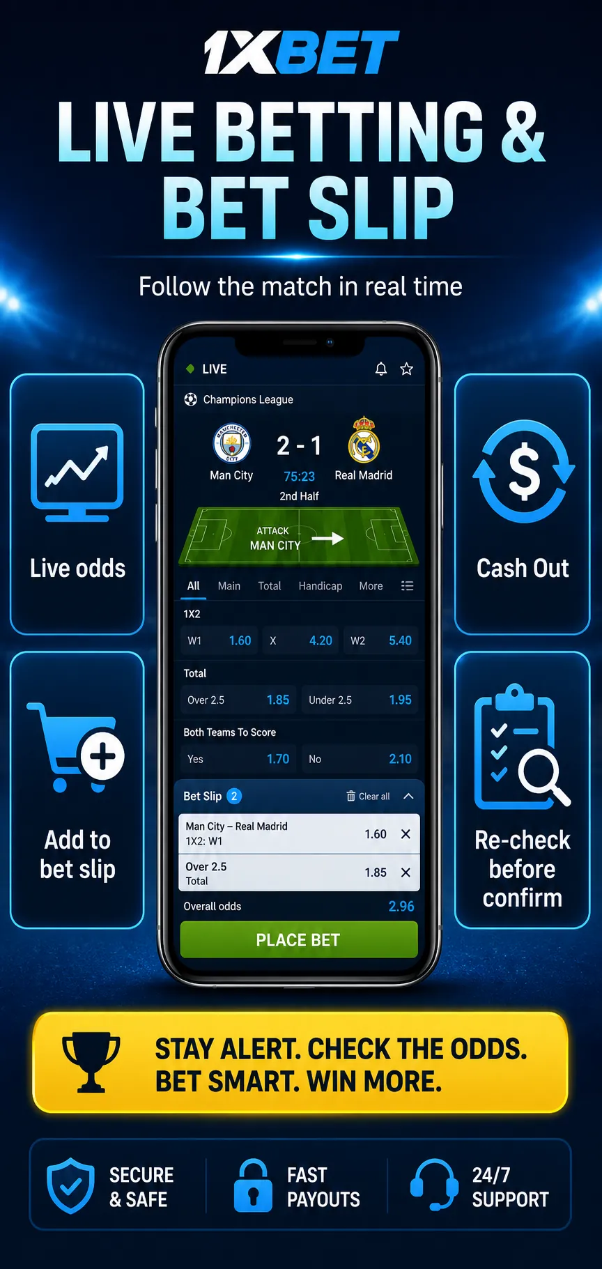 1xBet sports betting infographic with live score, 1X2 markets, double chance, total goals, bet slip, cash out and a reminder that no score is guaranteed
