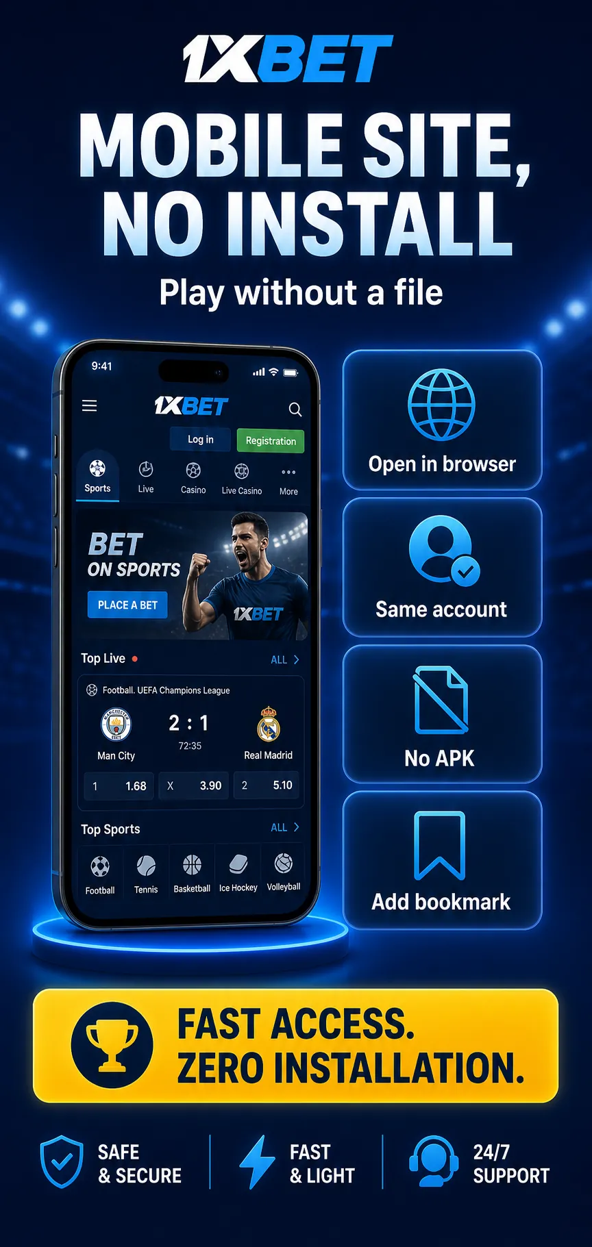 1xBet mobile site infographic showing access without installation, login, balance, deposit, withdrawal and password security
